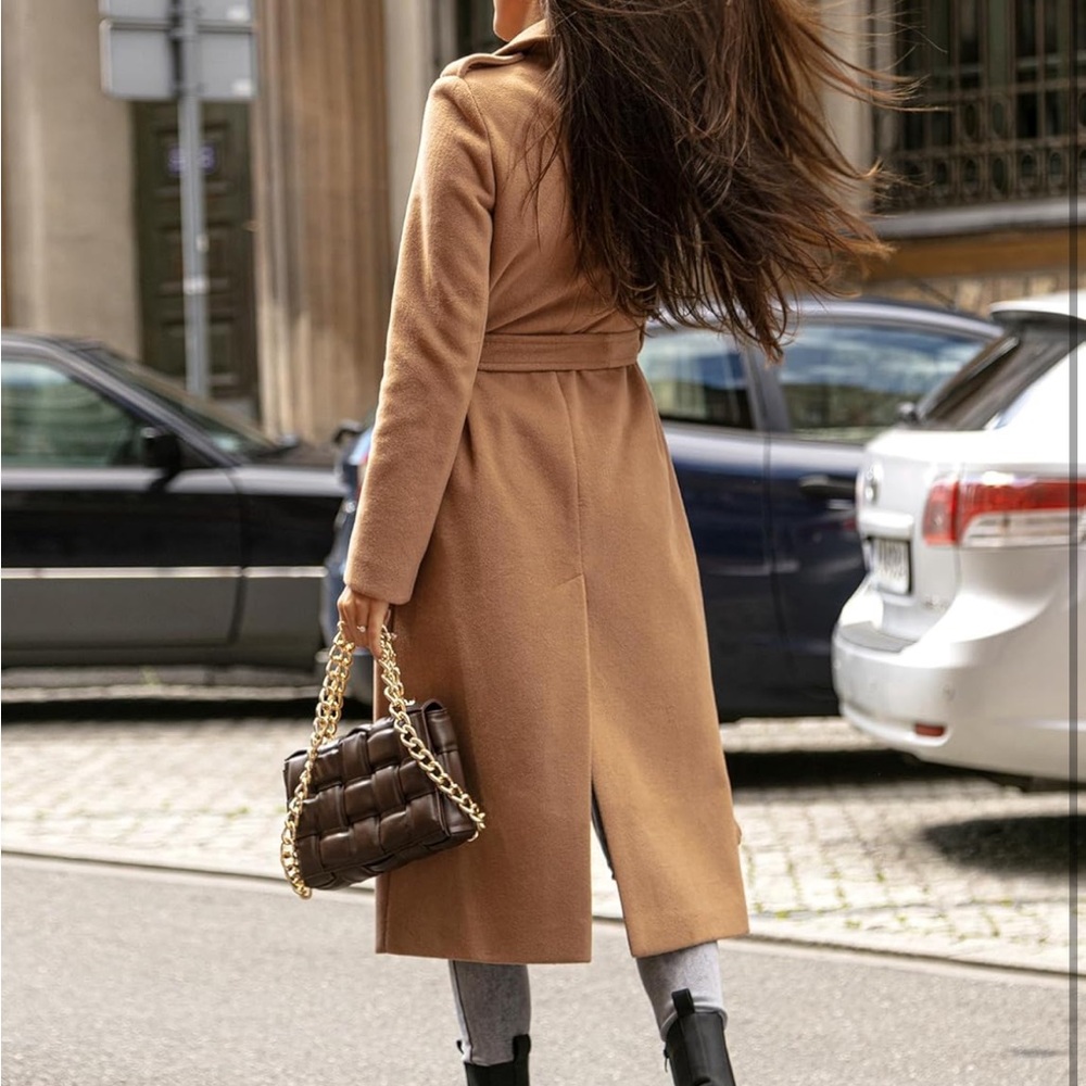 Pea Coats for Women Double Breasted Wool Notch Lapel Winter Warm Belted Length T